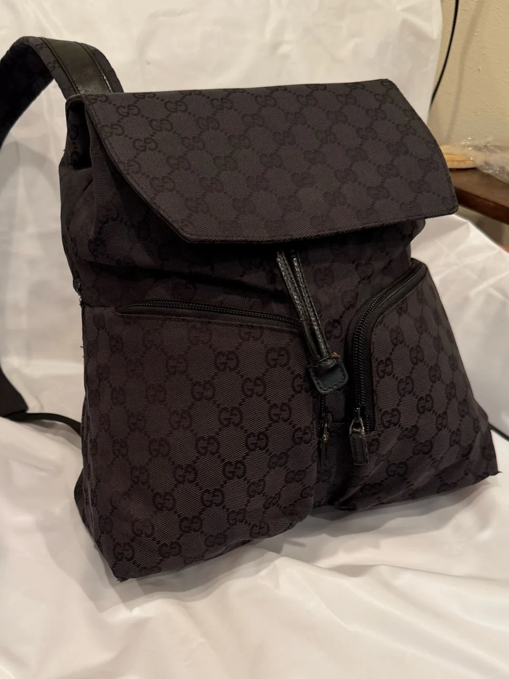 Gucci Black GG Canvas Backpack with Front Zip Pockets